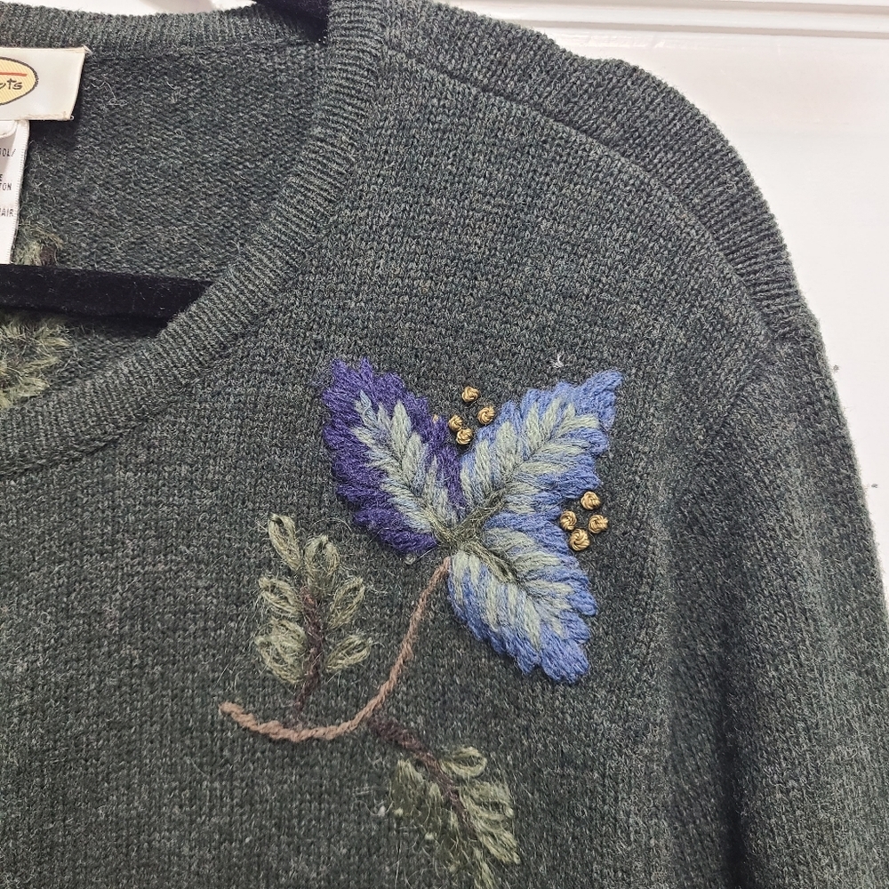 Talbots Floral Embroidered Lambswool Blend Vintage‎ Green Cardigan Large - Picture 6 of 16
